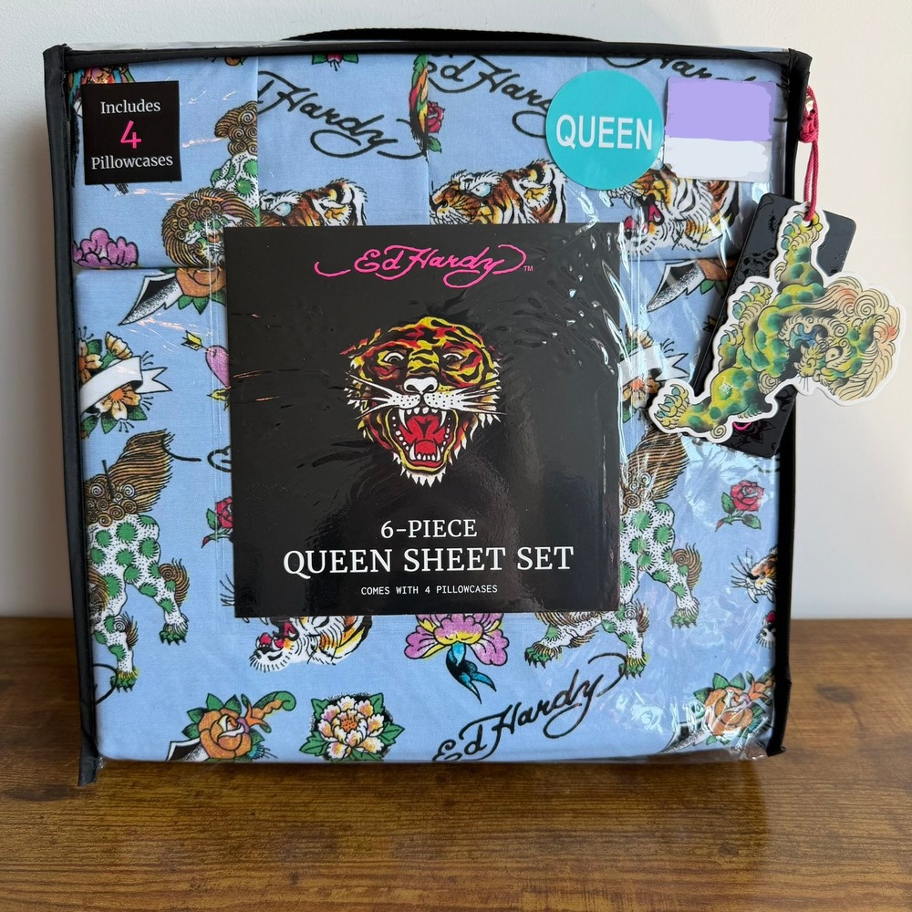 New Ed Hardy Queen 6 Pc Double Brushed Sheet Set Blue Lion Flowers Pink Y2K